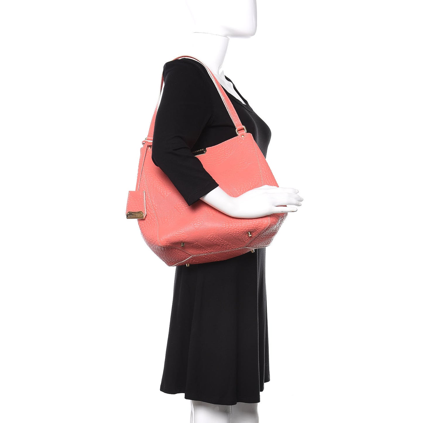 Signature Grain Calfskin Check Embossed Small Canterbury Tote Rose Pink