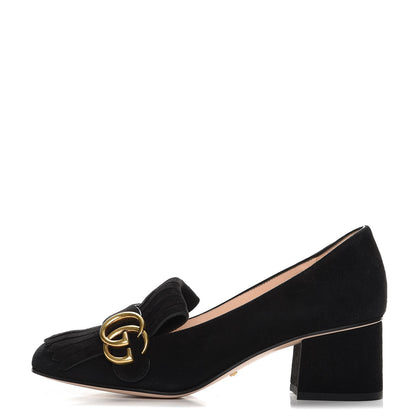 Gucci Kid Scamosciato GG Marmont Fringe 50mm Loafer Pumps 37 Black 1 of 8