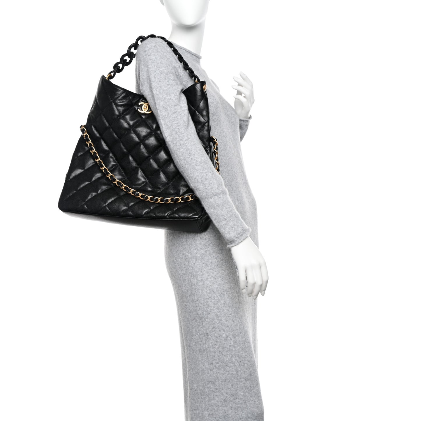 Caviar Quilted Fold Over Hobo Black