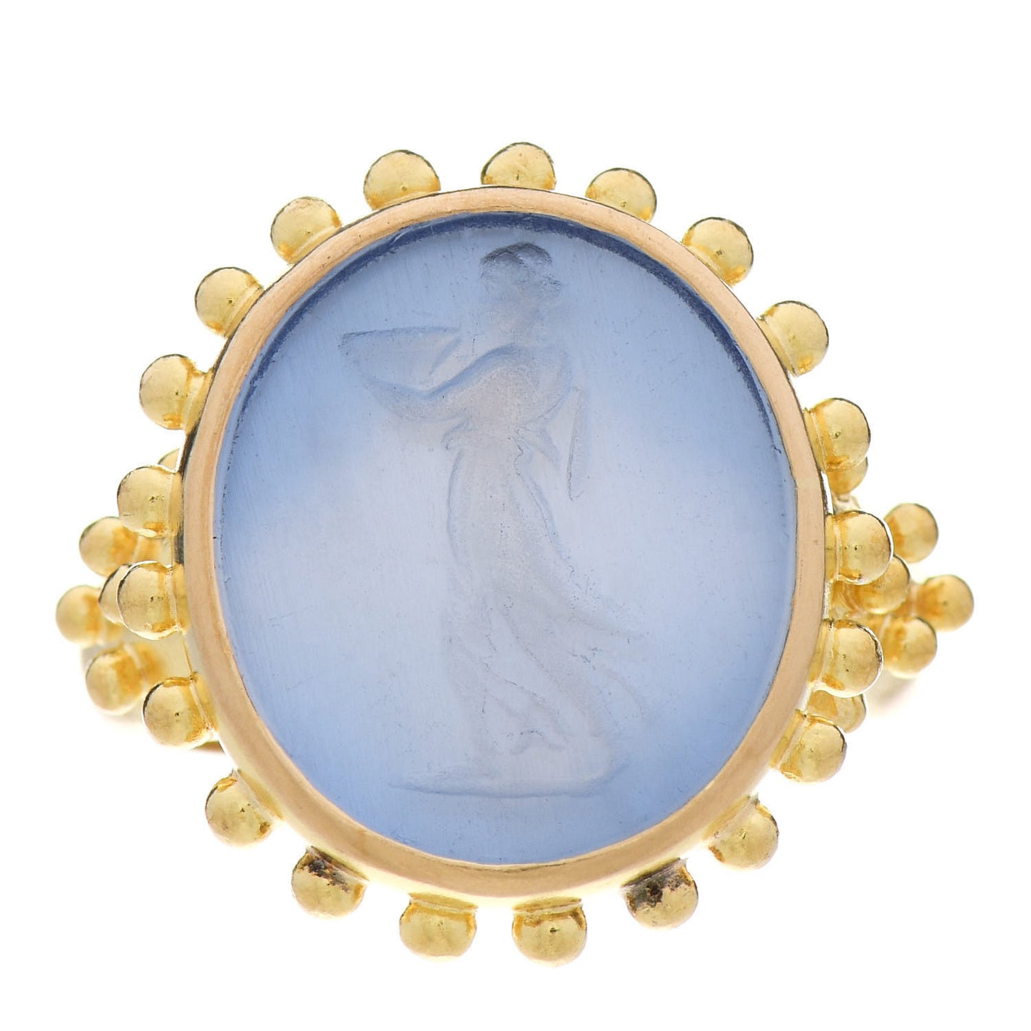 19K Yellow Gold Venetian Glass Intaglio Grecian Water Carrier Ring Blue 58 8.25
