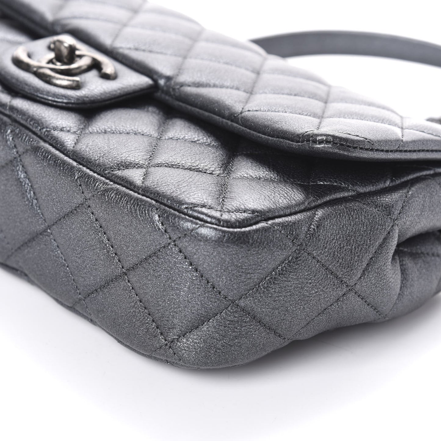 Metallic Calfskin Quilted Medium CC Eyelet Flap Dark Silver