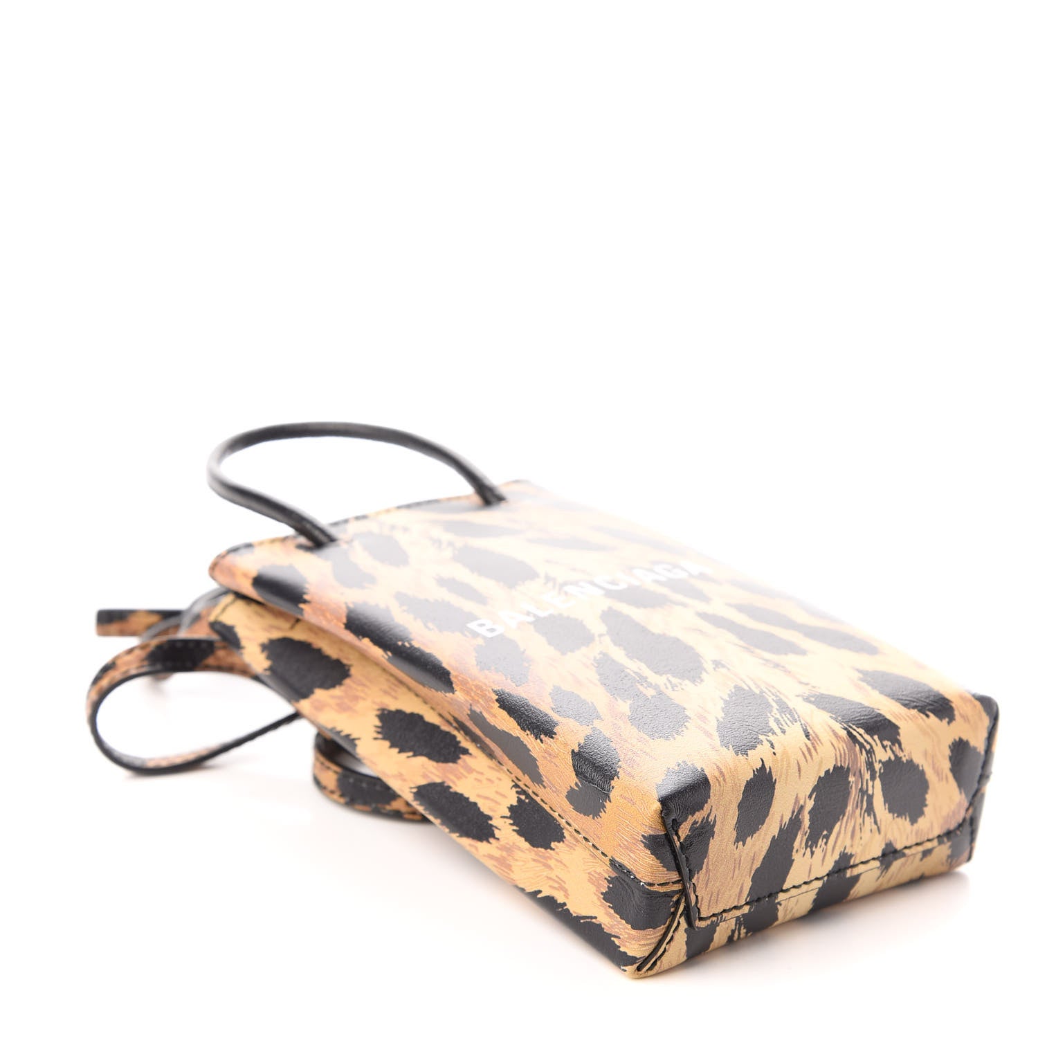 Balenciaga Smooth Calfskin Leopard Print Logo Shopping Phone Holder Bag Beige Black 4 of 9
