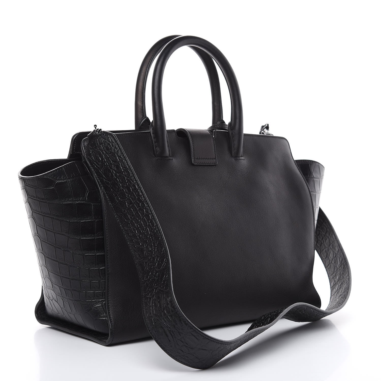 Saint Laurent Smooth Calfskin Crocodile Embossed Small Monogram Downtown Cabas Black 3 of 12