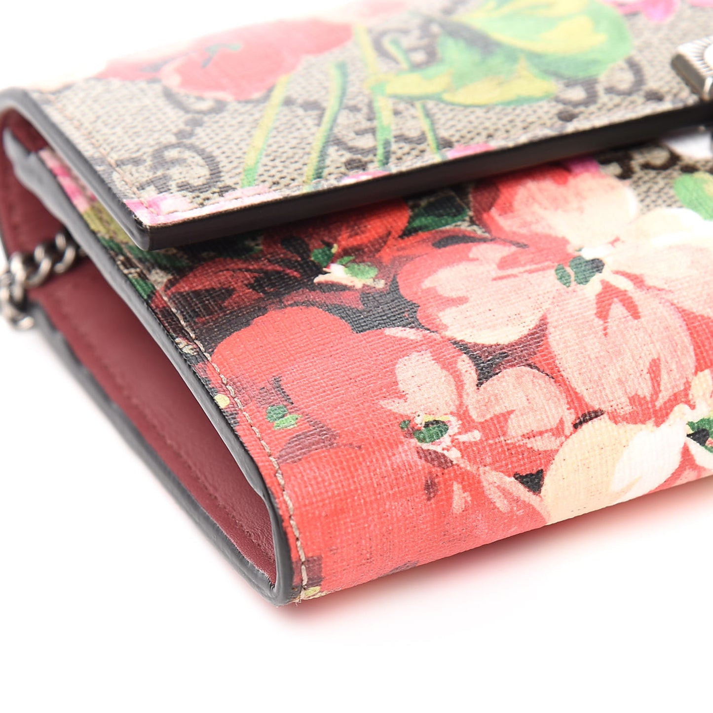 GG Supreme Monogram Blooms Padlock Continental Chain Wallet Beige Multicolor Dry Rose