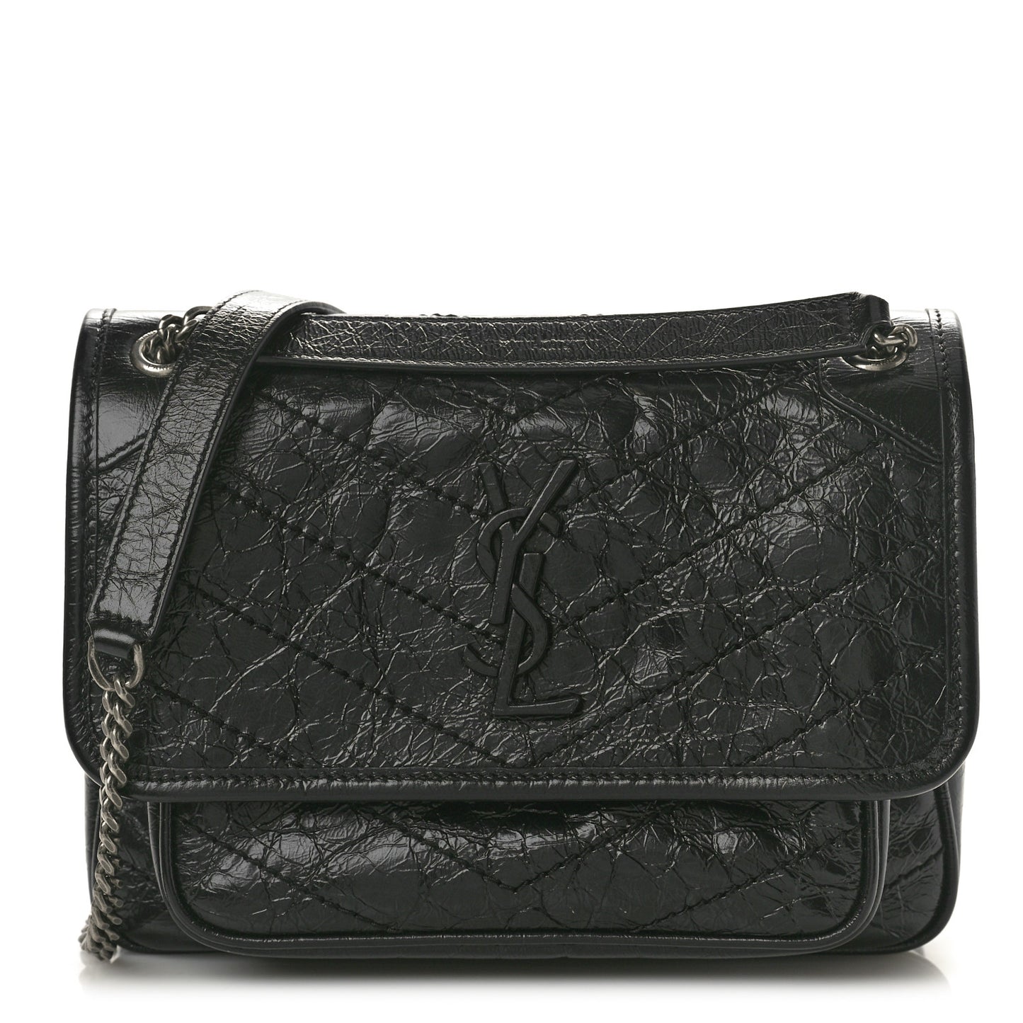 Crinkled Calfskin Matelasse Monogram Baby Niki Chain Satchel Black