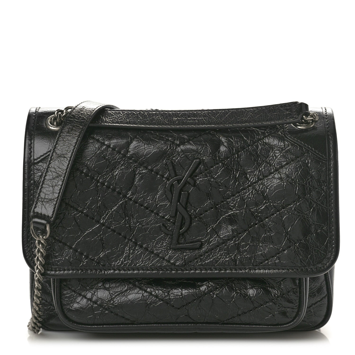 Saint Laurent Crinkled Calfskin Matelasse Monogram Baby Niki Chain Satchel Black 1 of 10