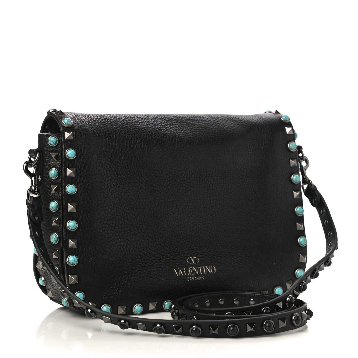 Pebbled Calfskin Turquoise Medium Rockstud Rolling Flap Saddle Bag Black