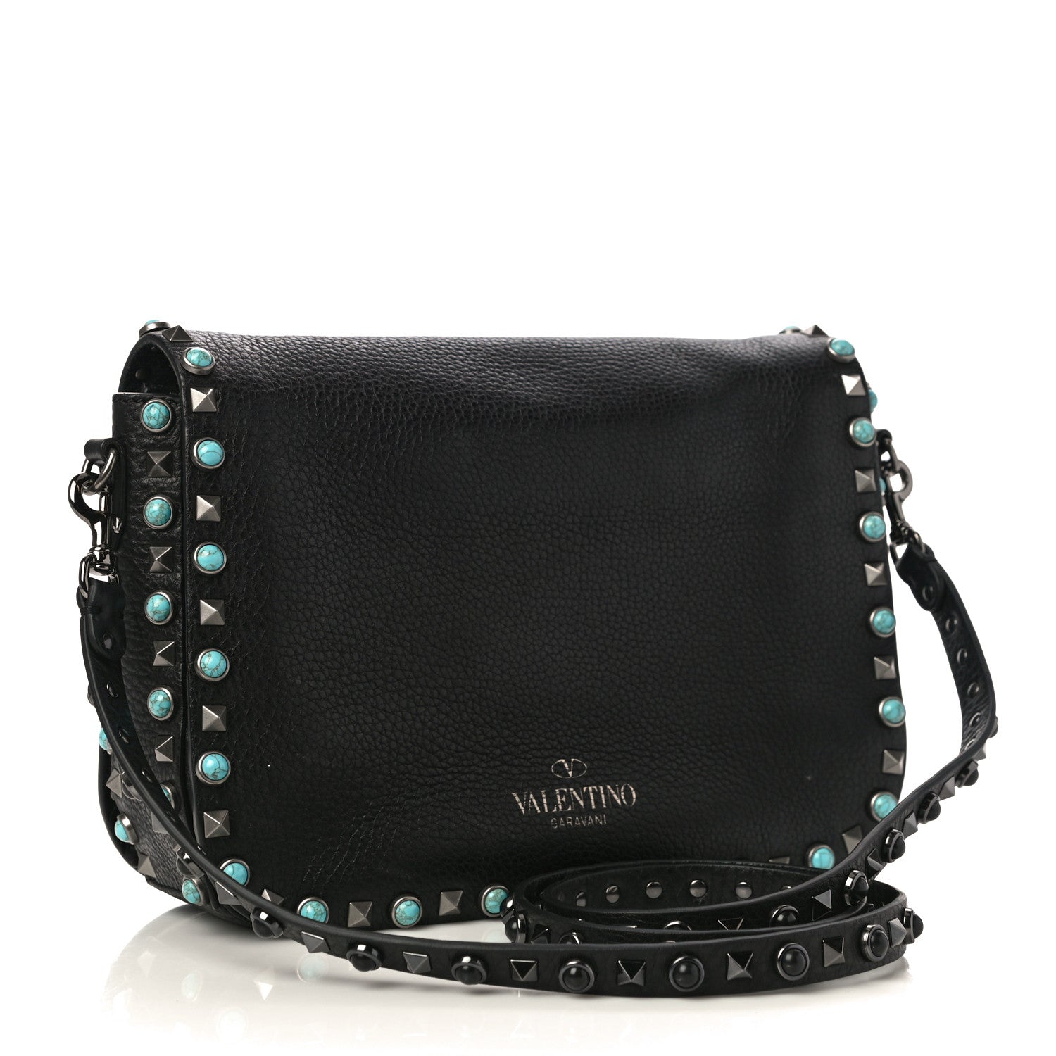Valentino Garavani Pebbled Calfskin Turquoise Medium Rockstud Rolling Flap Saddle Bag Black 2 of 10