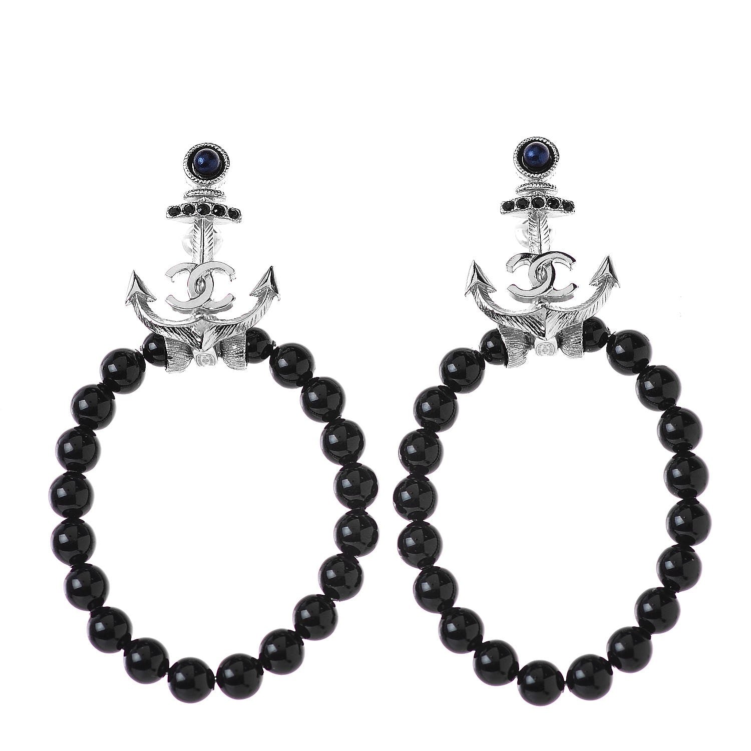 Chanel Beaded Crystal CC Anchor Drop Earrings Black 1 of 4