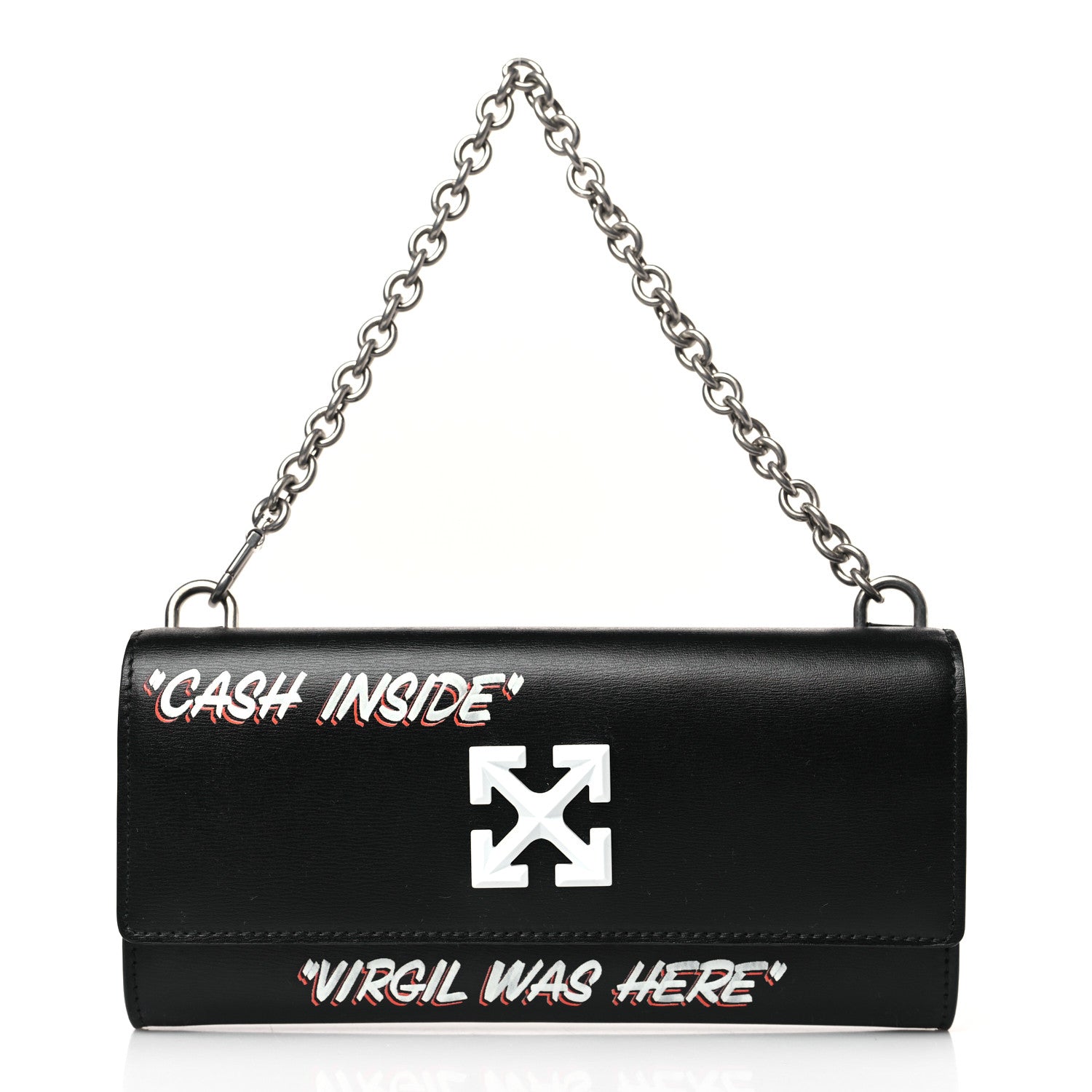 Off-White Calfskin Jitney Logo Flap Wallet On Chain Black 1 of 9