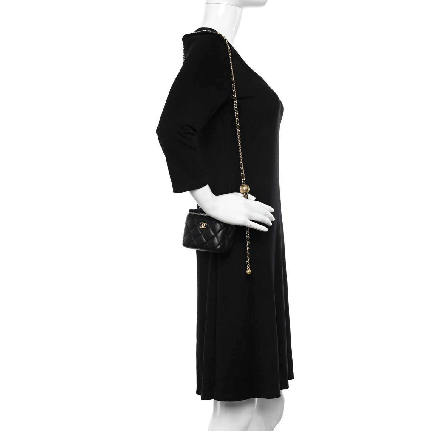 Lambskin Quilted Mini Pearl Crush Vanity Case With Chain Black