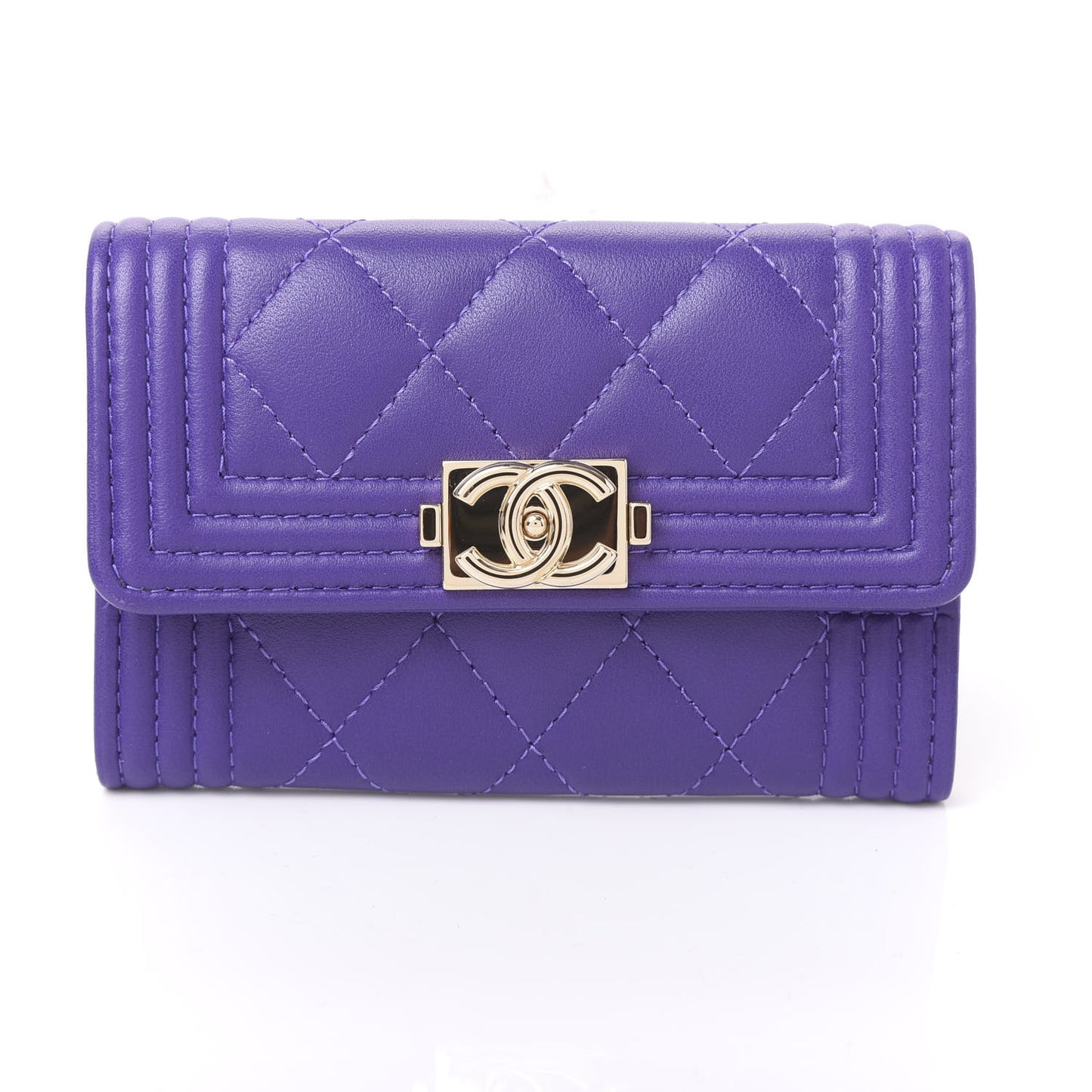 Lambskin Quilted Boy Card Holder Wallet Purple