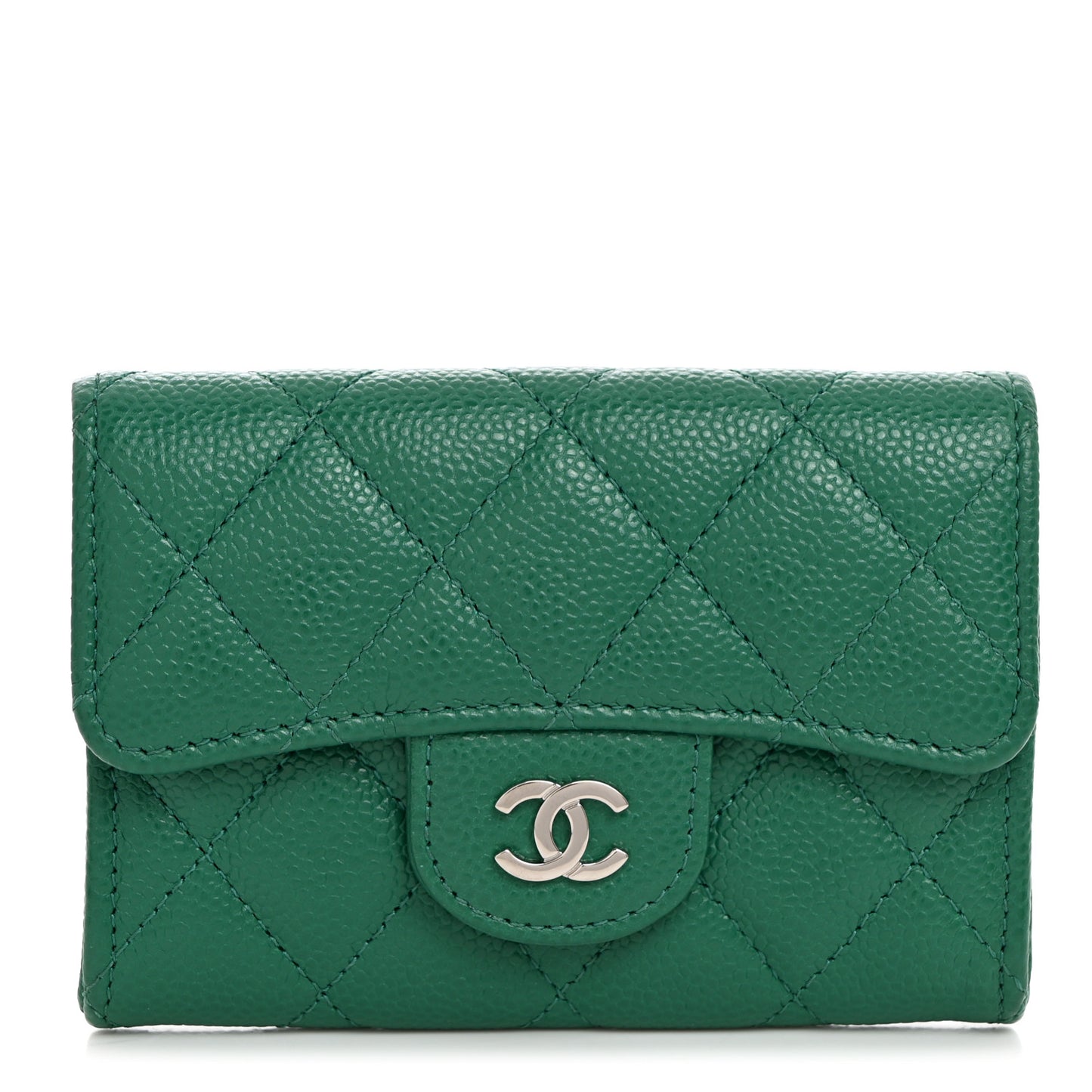 Caviar Quilted Flap Card Holder Wallet Green