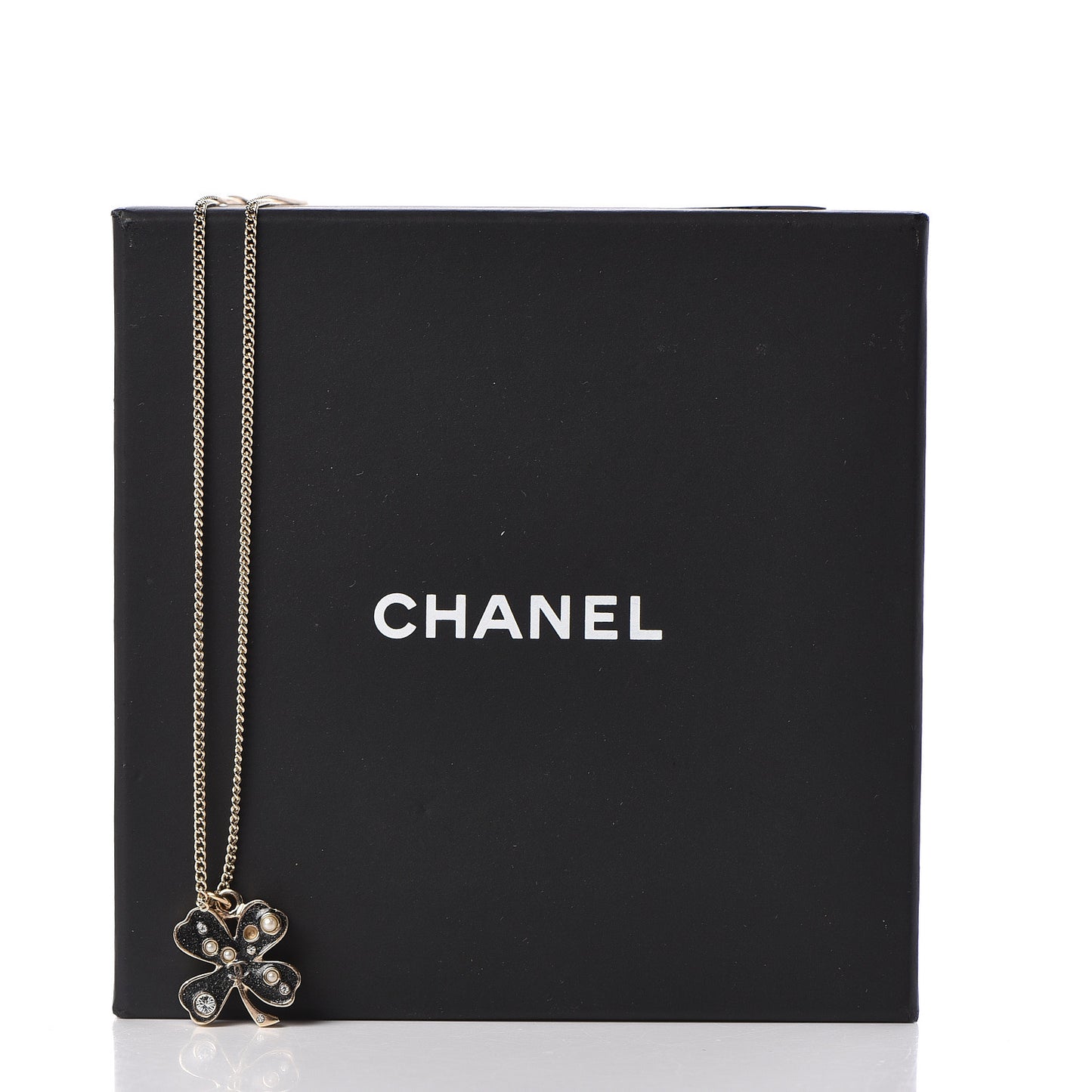 Enamel Pearl Crystal Four Leaf Clover Pendant Necklace Black Gold