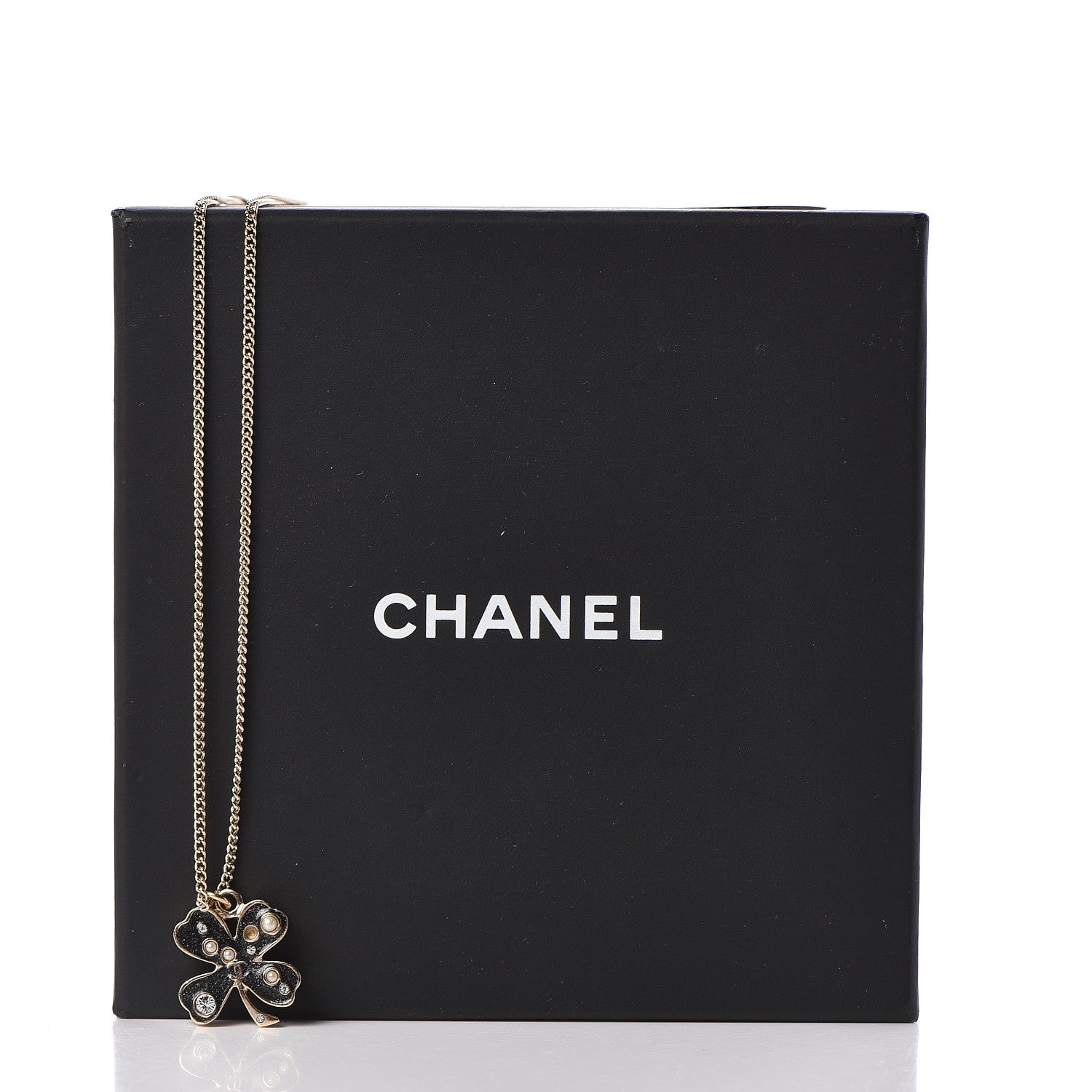 Chanel Enamel Pearl Crystal Four Leaf Clover Pendant Necklace Black Gold 6 of 6