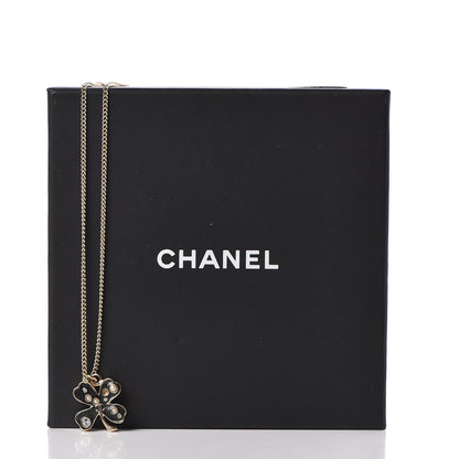 Chanel Enamel Pearl Crystal Four Leaf Clover Pendant Necklace Black Gold 6 of 6
