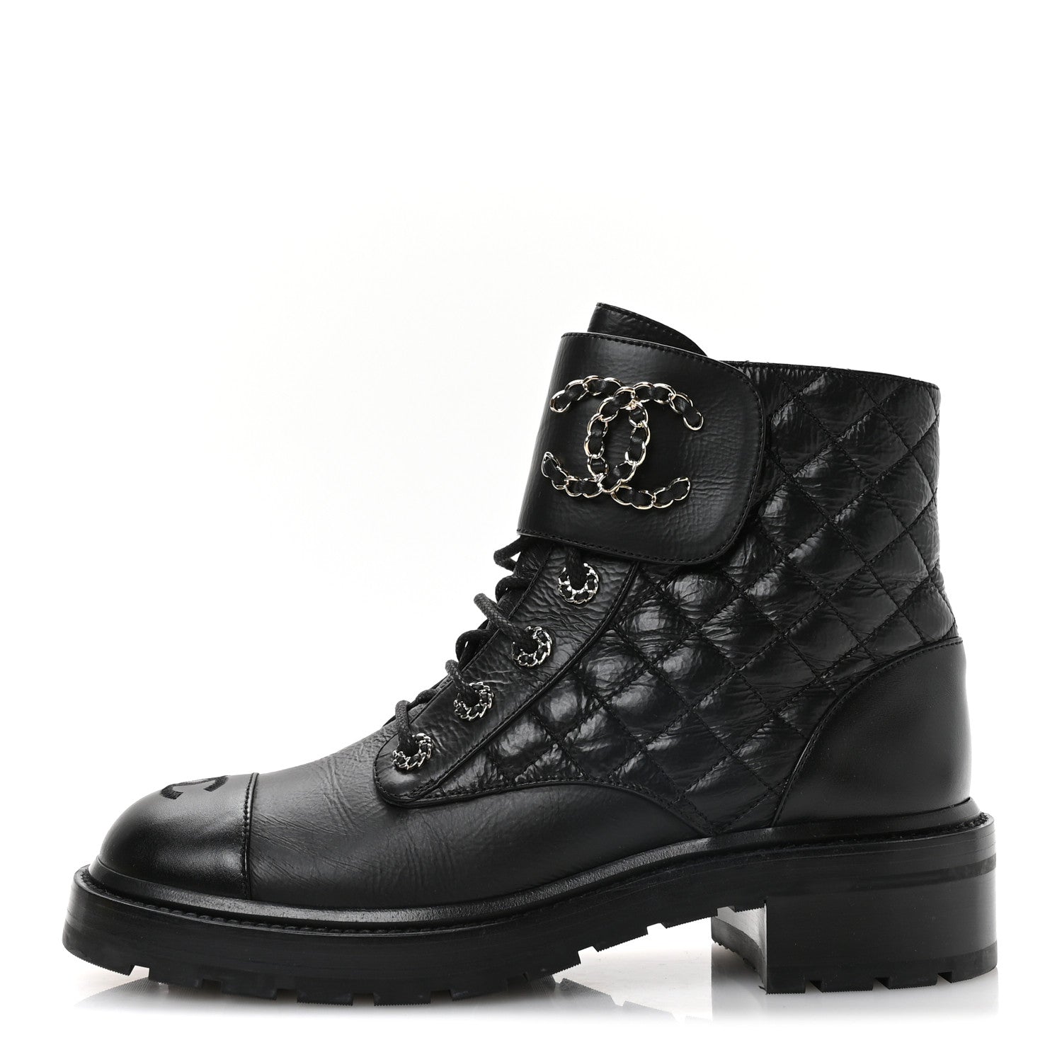 Chanel Shiny Goatskin Calfskin Quilted Lace Up Combat Boots 40.5 Black 1 of 7