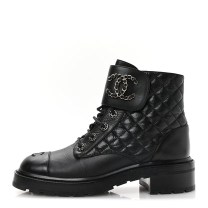 Chanel Shiny Goatskin Calfskin Quilted Lace Up Combat Boots 40.5 Black 1 of 7