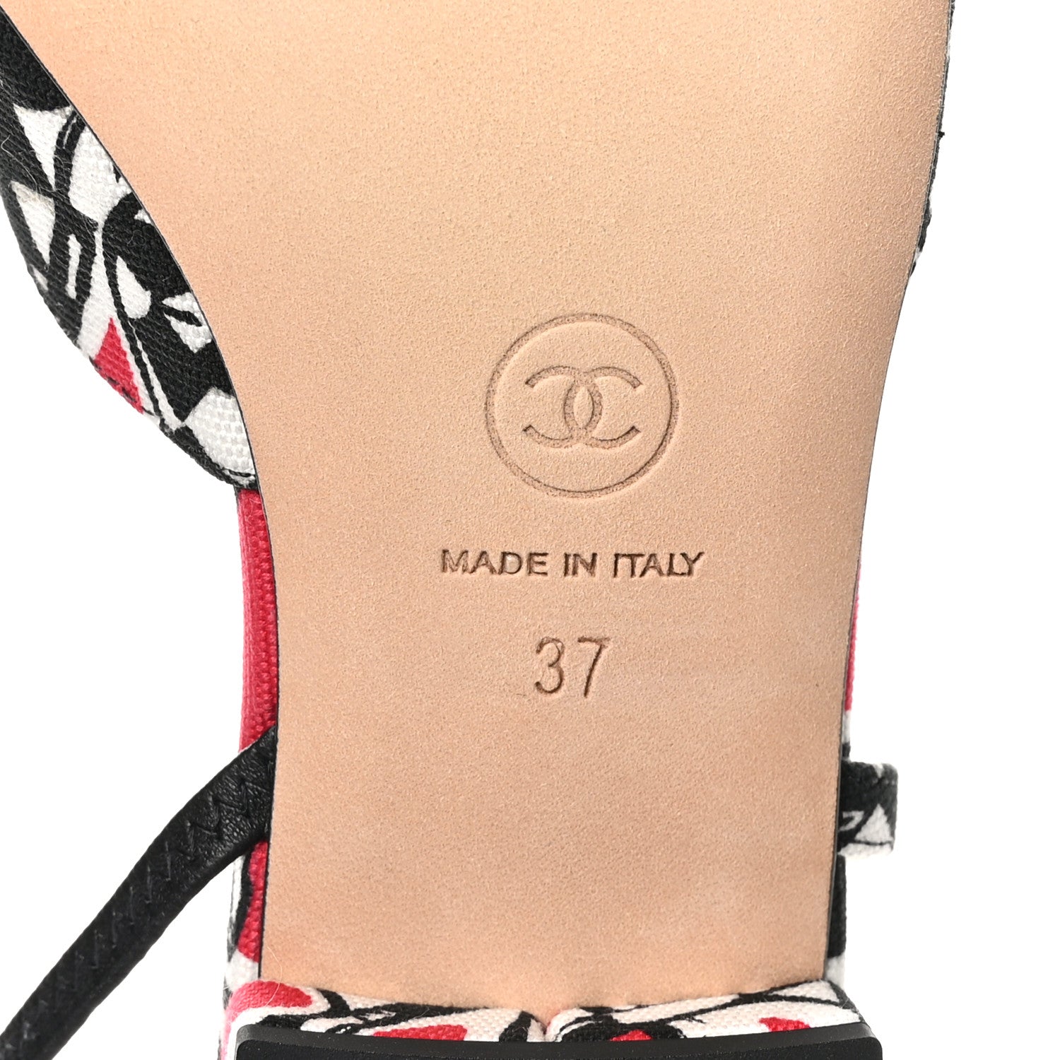 Chanel Printed Fabric Grosgrain Cap Toe CC Slingback Flats 37 Red Black White 8 of 9