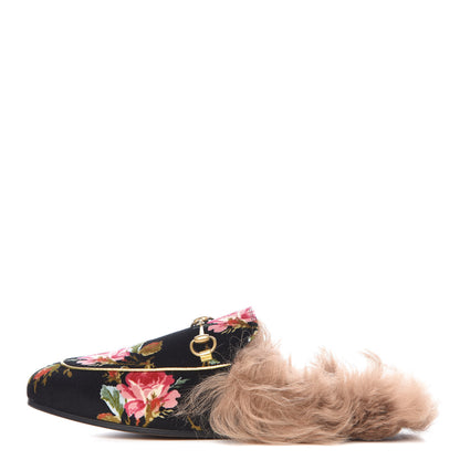 Gucci Velvet Fur Floral Womens Princetown Slippers 38.5 Black 1 of 8