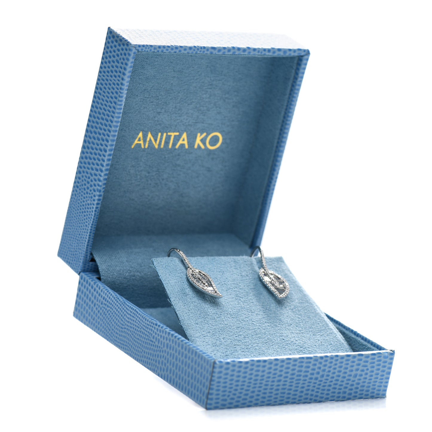 18K White Gold Diamond Palm Leaf Stem Drop Earrings