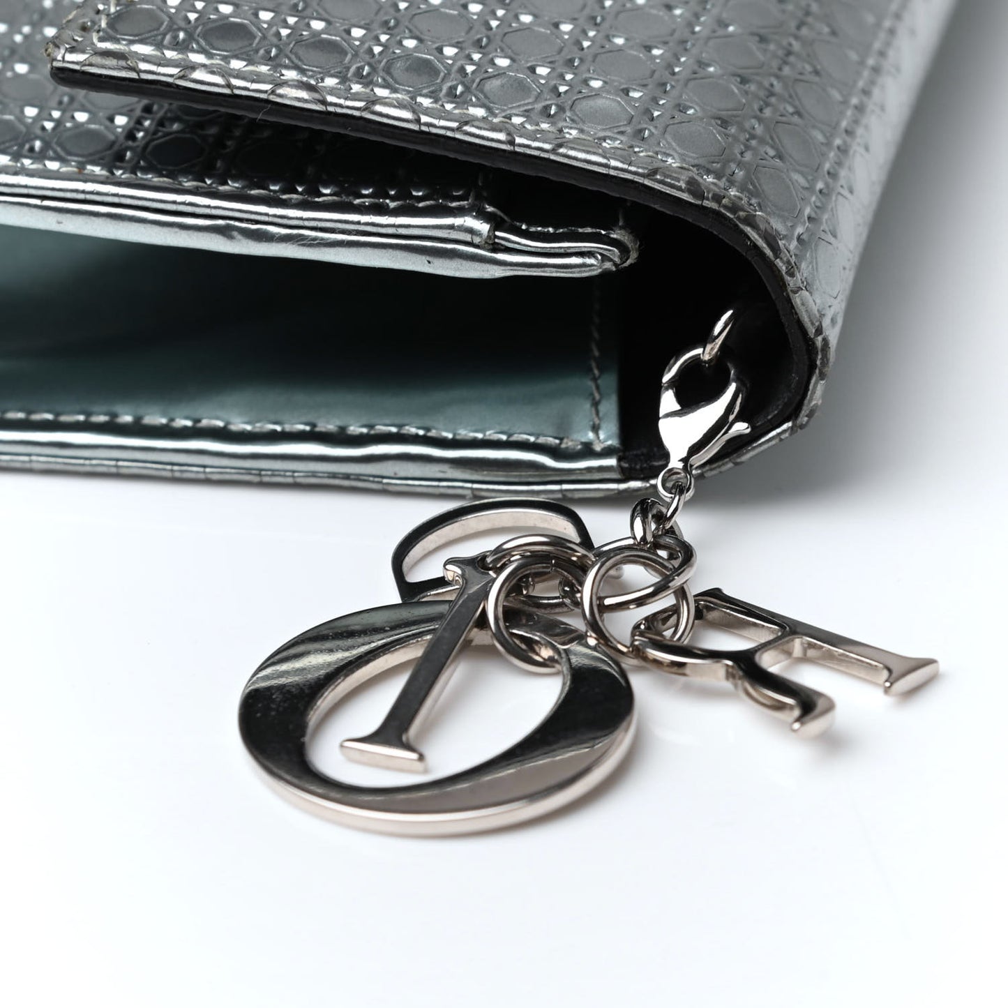 Metallic Patent Micro-Cannage Lady Dior Croisiere Chain Wallet Blue