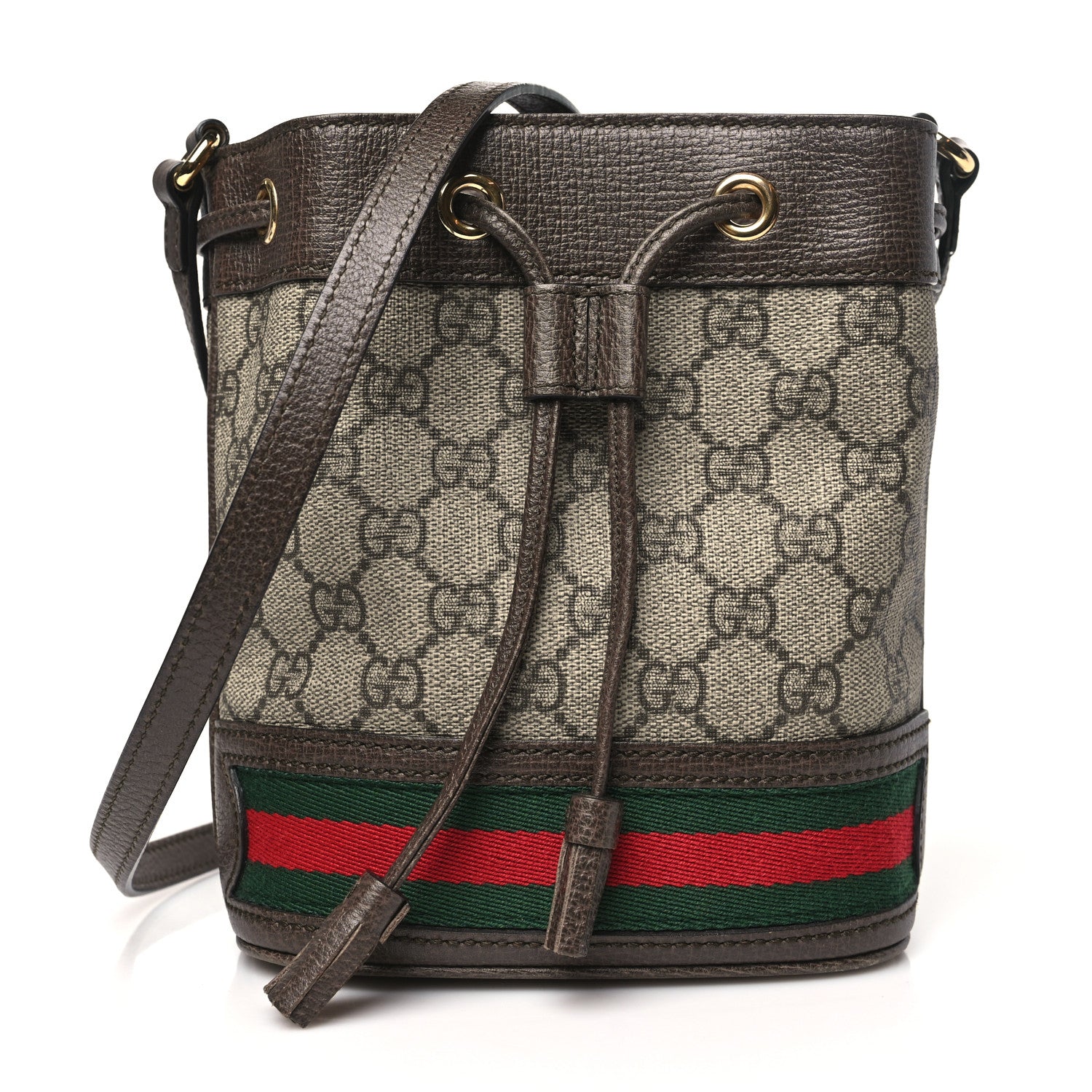 Gucci GG Supreme Monogram Web Mini Ophidia Bucket Bag Brown 1 of 10