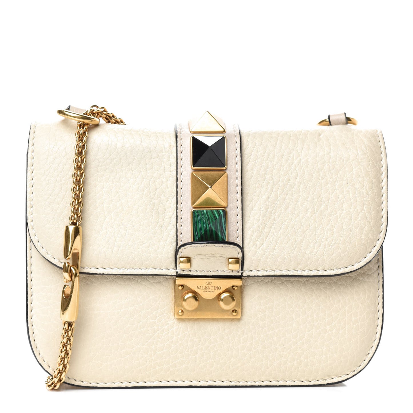 Pebbled Calfskin Rockstud Rolling Small Glam Lock Flap Ivory