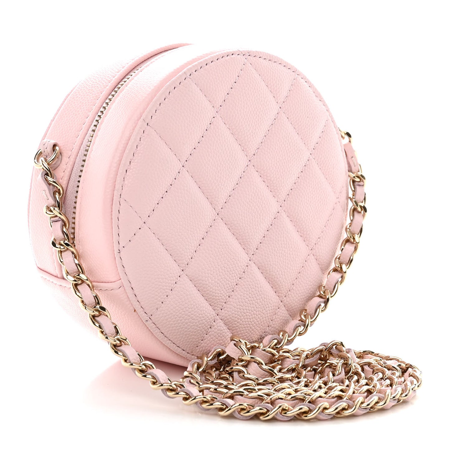 Caviar Quilted Crystal CC Round Clutch With Chain Pink