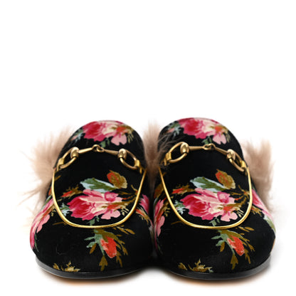 Gucci Velvet Fur Floral Womens Princetown Slippers 37 Black 2 of 7