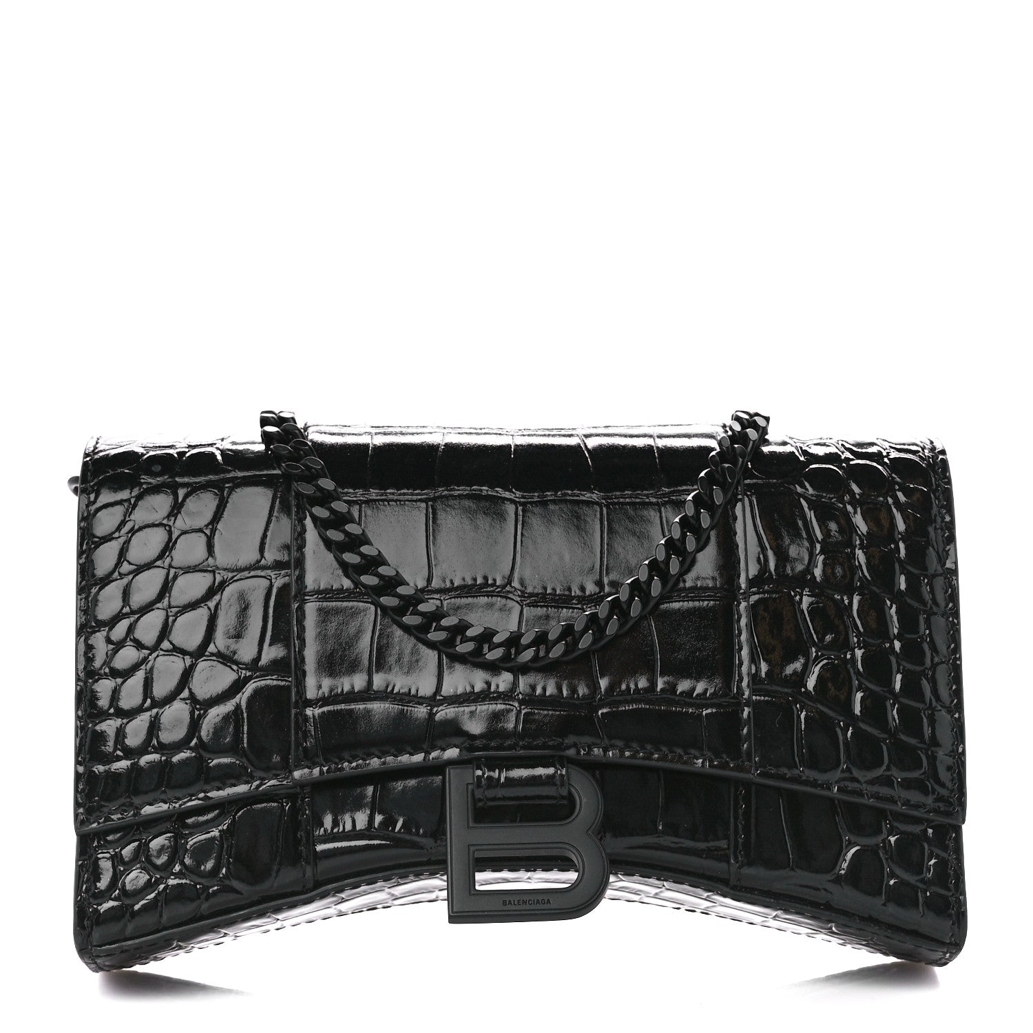 Balenciaga Shiny Calfskin Monochrome Crocodile Embossed Hourglass Chain Bag Black 1 of 10