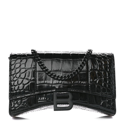 Balenciaga Shiny Calfskin Monochrome Crocodile Embossed Hourglass Chain Bag Black 1 of 10