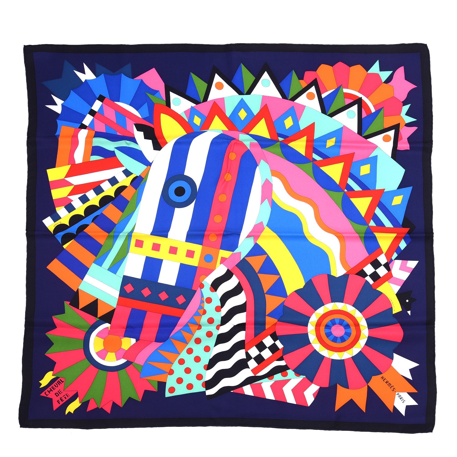 Hermes Silk Cheval de Fette Scarf 90 Indigo Jaune Vif 1 of 5
