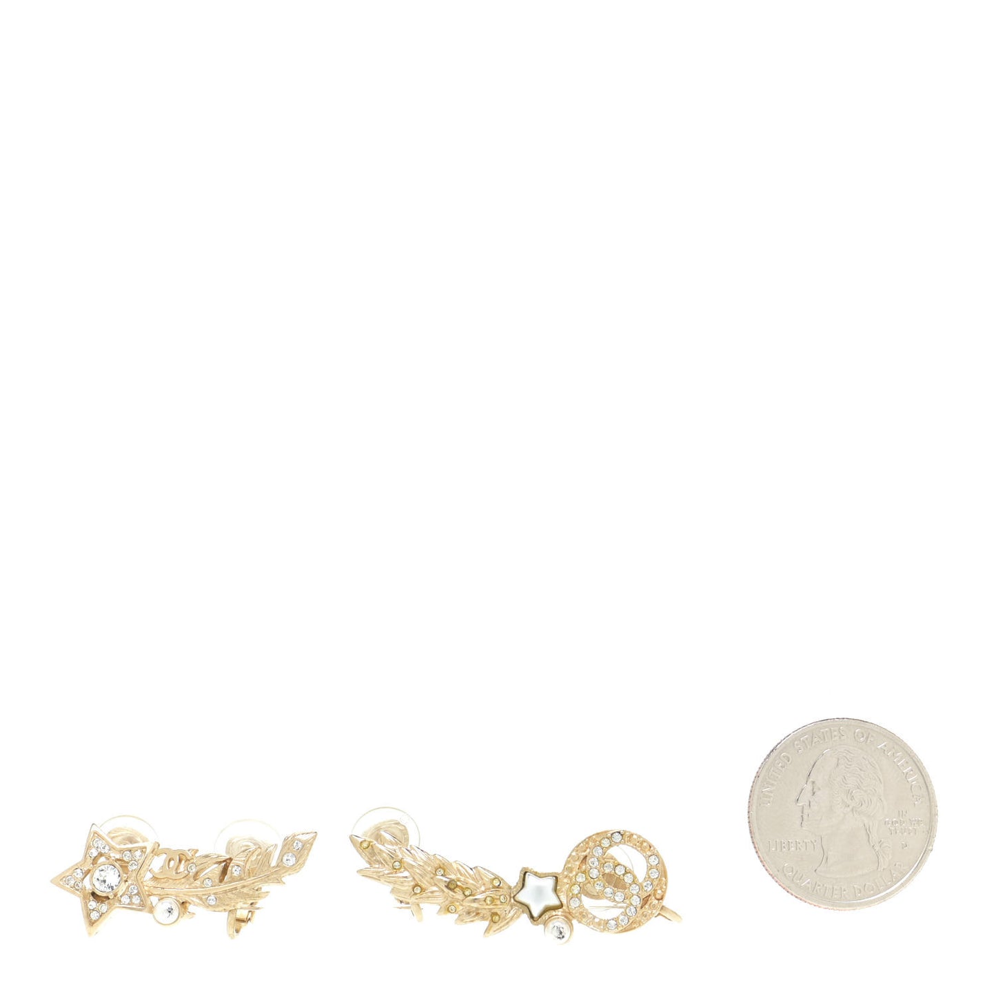 Resin Crystal Pearl Feather Star CC Clip On Earrings Gold