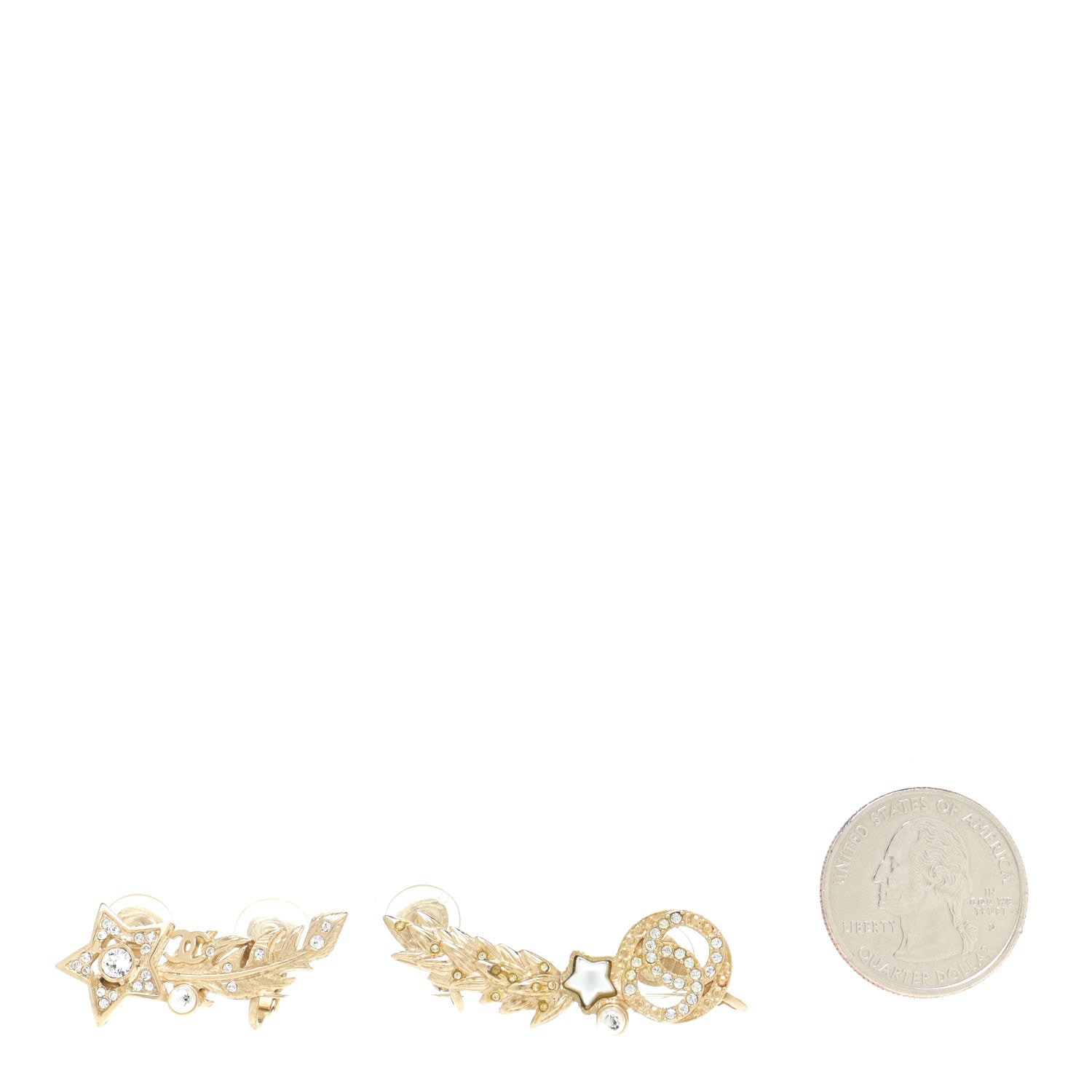 Chanel Resin Crystal Pearl Feather Star CC Clip On Earrings Gold 2 of 5
