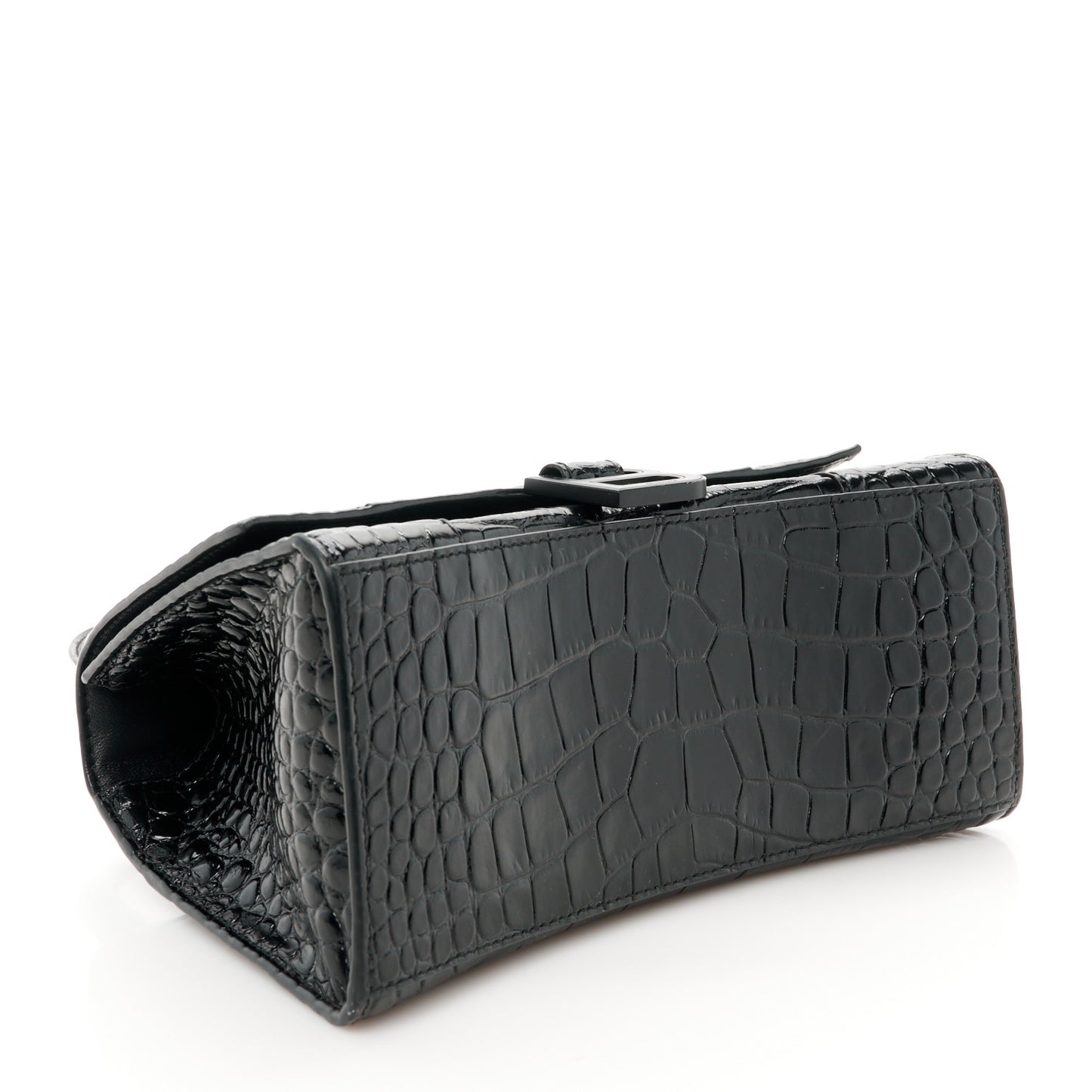 Shiny Calfskin Monochrome Crocodile Embossed Small Hourglass Top Handle Bag Black