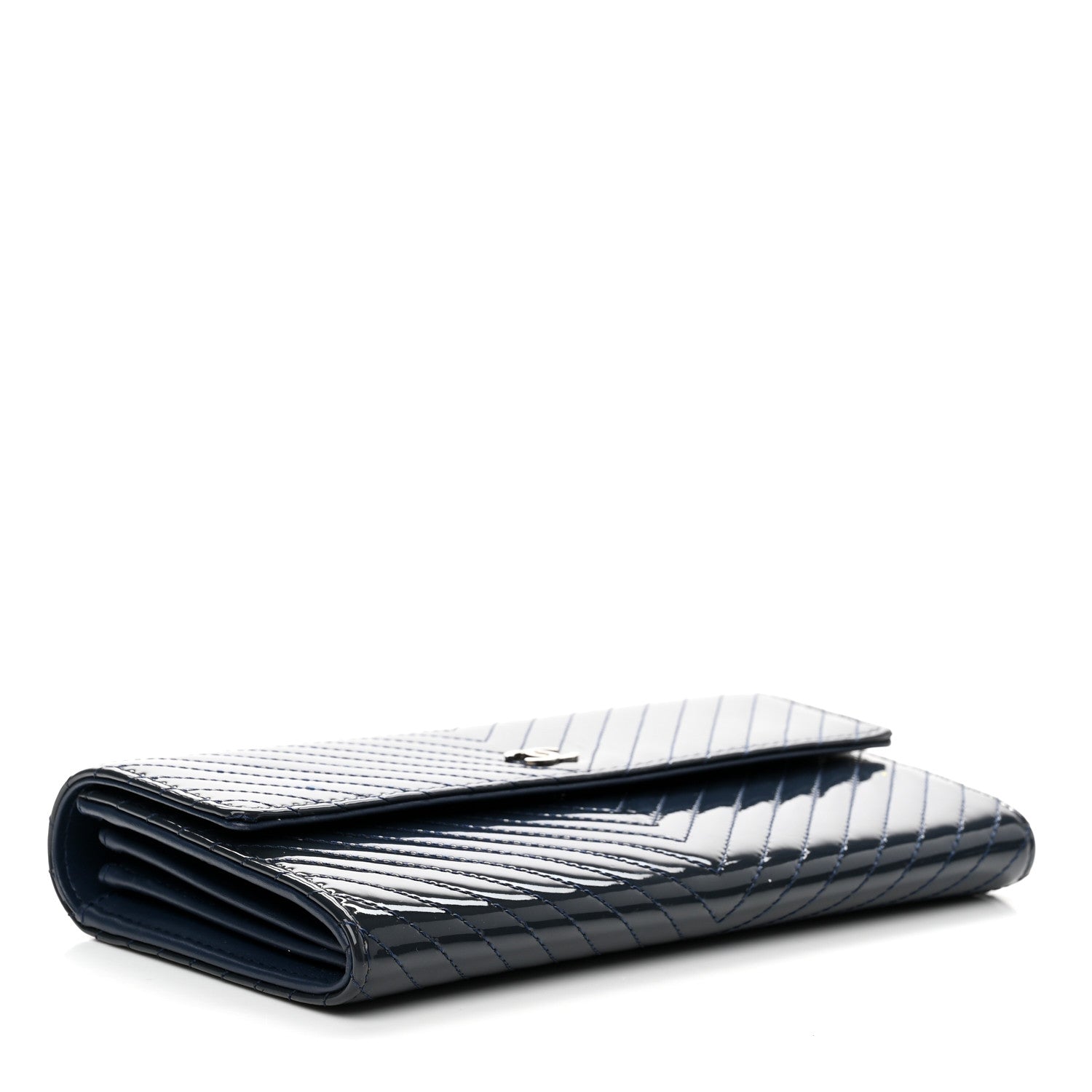 Chanel Patent Chevron Quilted Large Gusset Flap Wallet Navy 4 of 10
