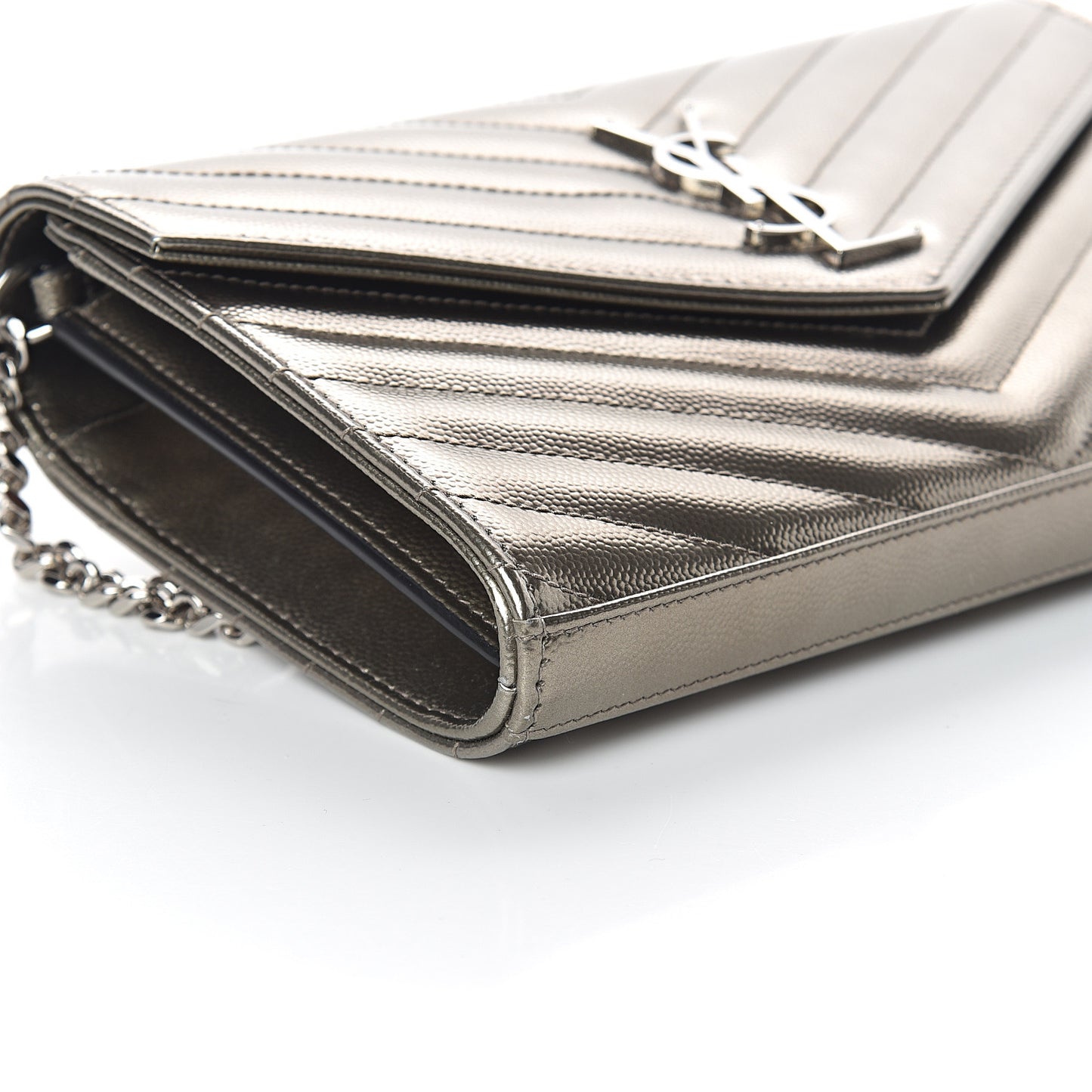 Metallic Grain De Poudre Matelasse Chevron Monogram Chain Wallet Piombo