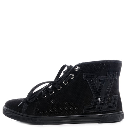 Louis Vuitton Suede Sequins Perforated Punchy High Top Sneakers 38 Black 1 of 6