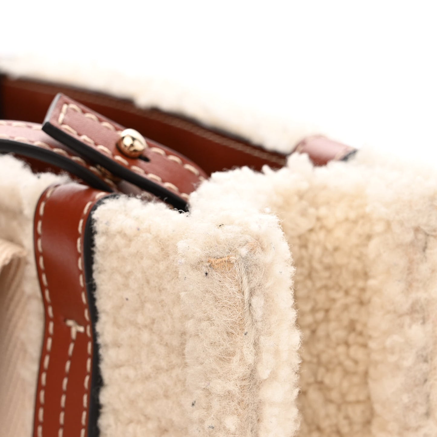 Shearling Calfskin Small Woody Ribbon Tote With Strap Mild Beige