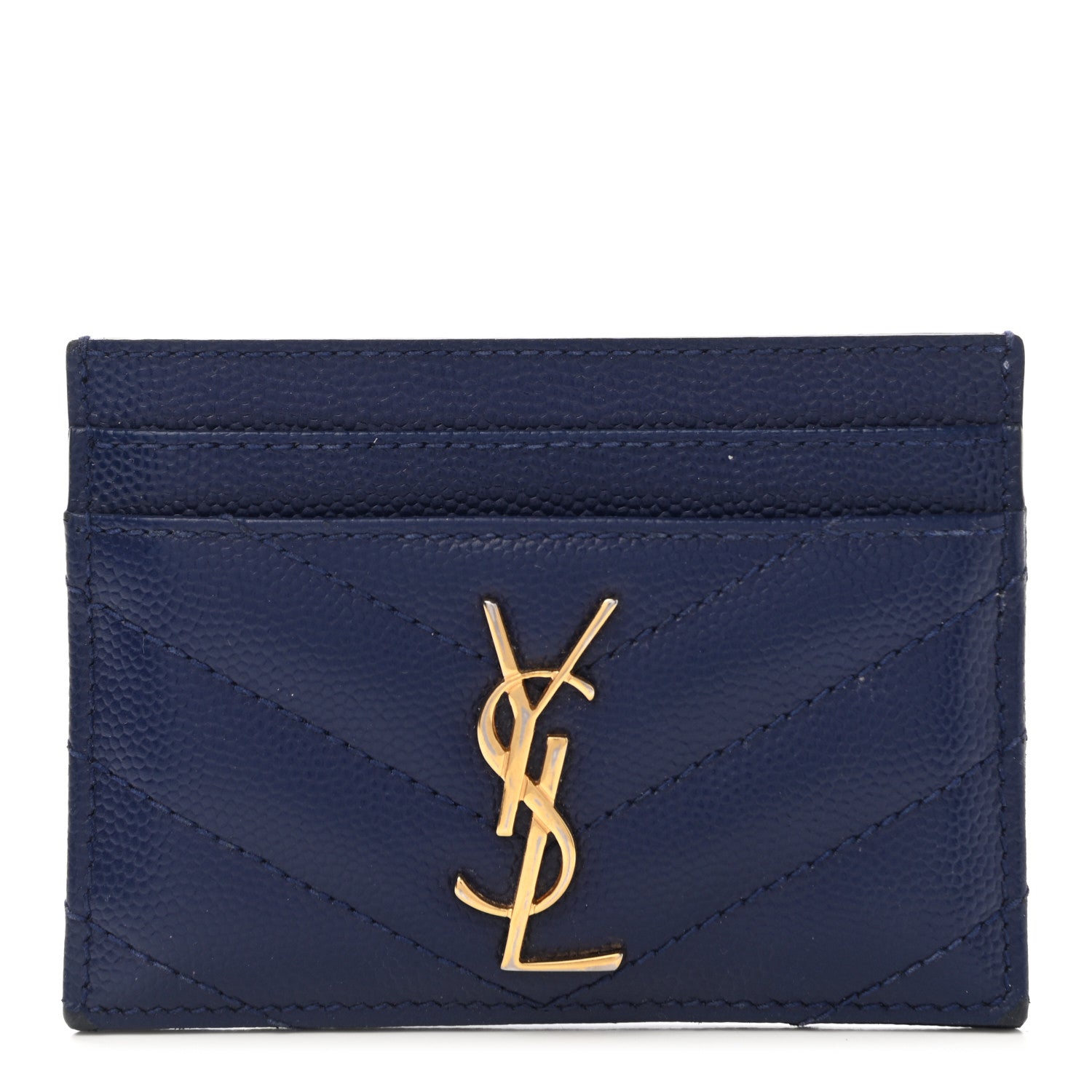 Saint Laurent Grain De Poudre Matelasse Chevron Monogram Credit Card Case Navy 1 of 10