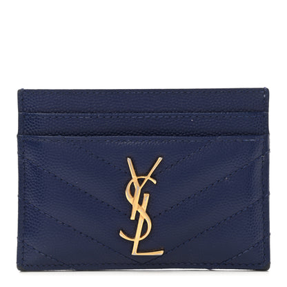Saint Laurent Grain De Poudre Matelasse Chevron Monogram Credit Card Case Navy 1 of 10
