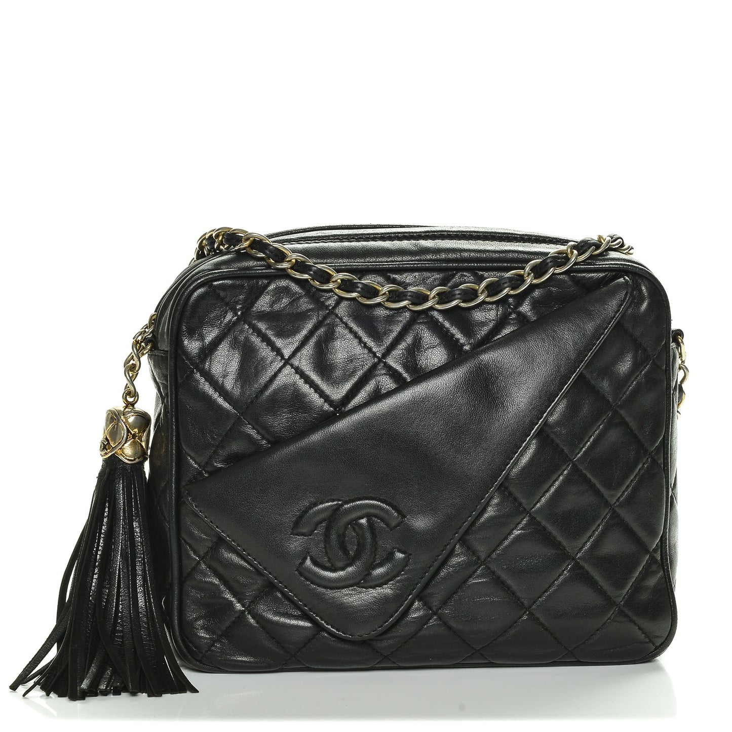 Lambskin Quilted Tassel Camera Case Black