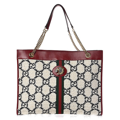 Gucci Tweed GG Monogram Large Rajah Chain Tote White Black Romantic Cherry 3 of 11