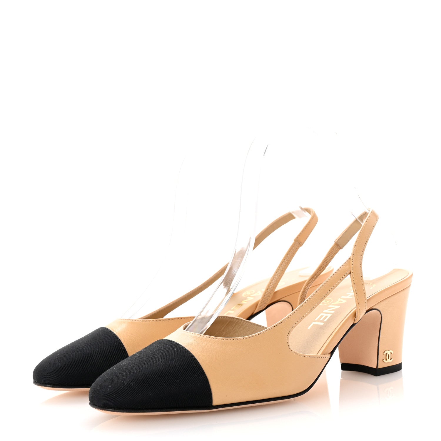 Chanel Goatskin Grosgrain Cap Toe CC Slingback Pumps 37 Beige Black 4 of 10