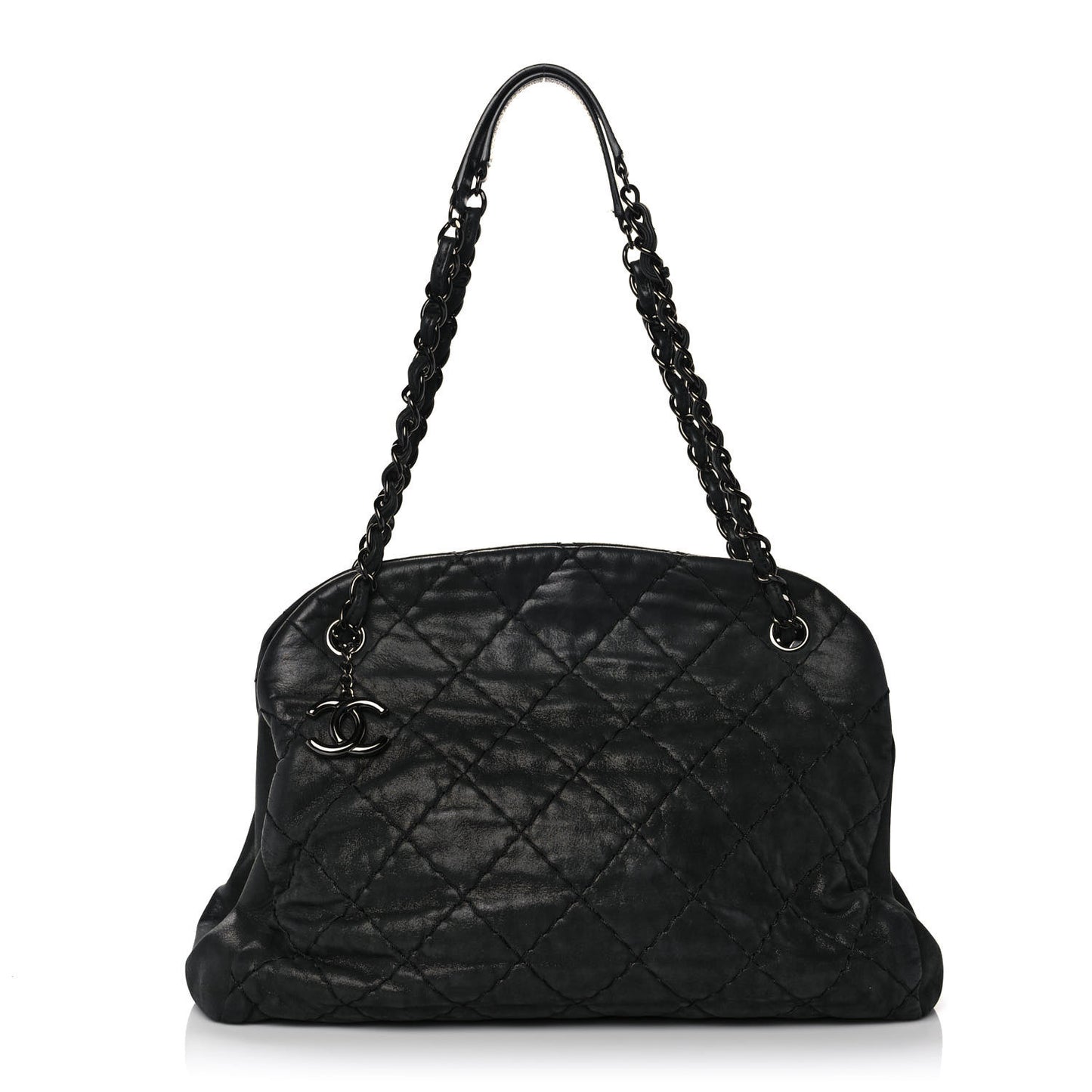 Iridescent Calfskin Large Just Mademoiselle Bowling Bag Black