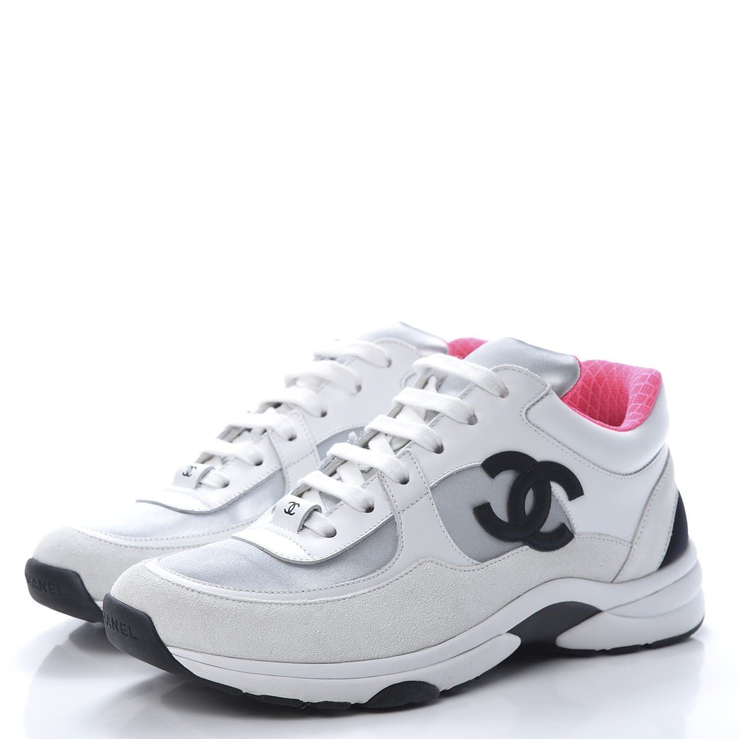 Chanel Calfskin Fabric Sneakers 40 White Silver Fluo Pink 3 of 10