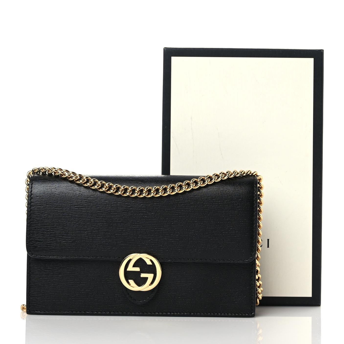 Textured Calfskin Icon Chain Wallet Black