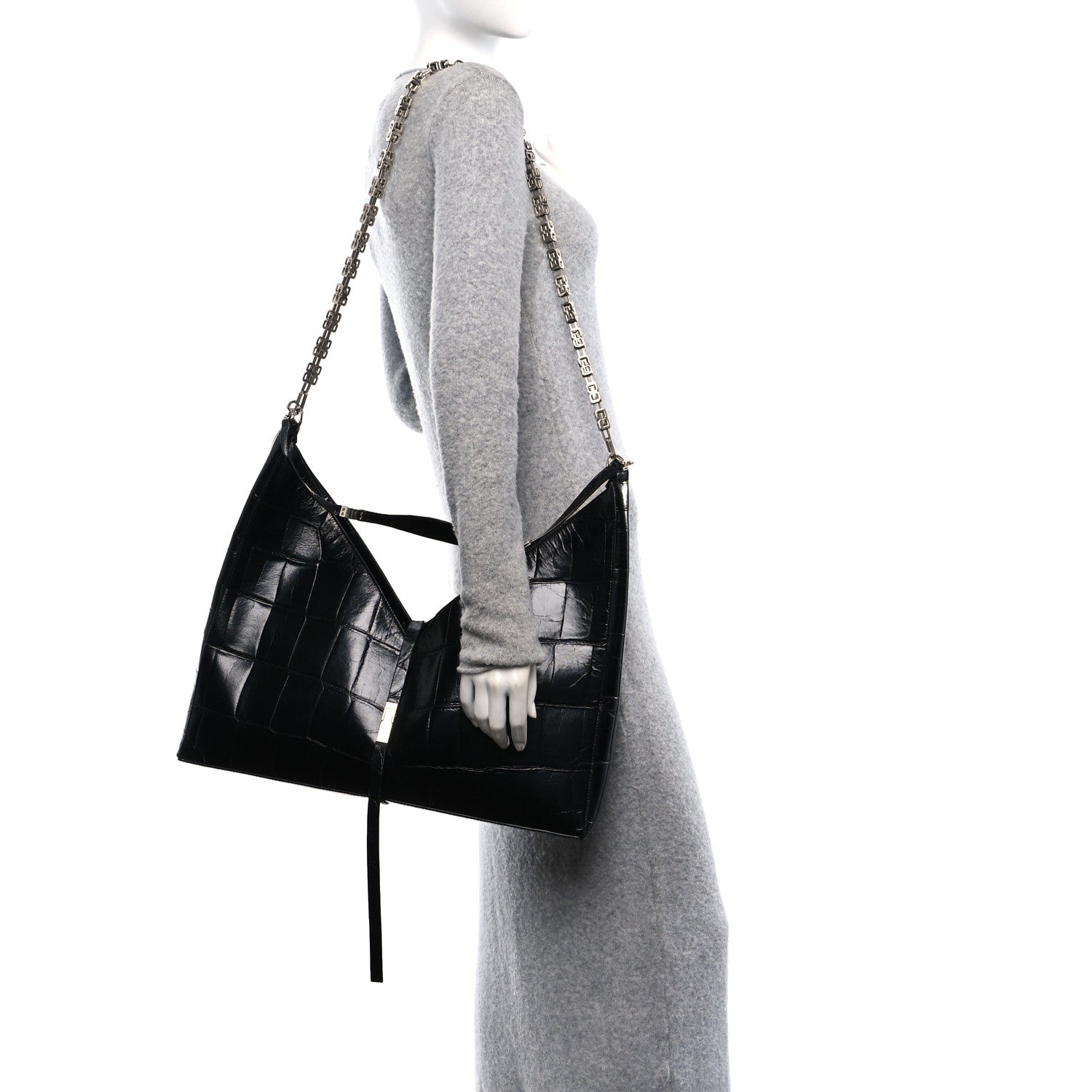 Givenchy Calfskin Crocodile Embossed Large Cut Out Shoulder Bag Black 2 of 13