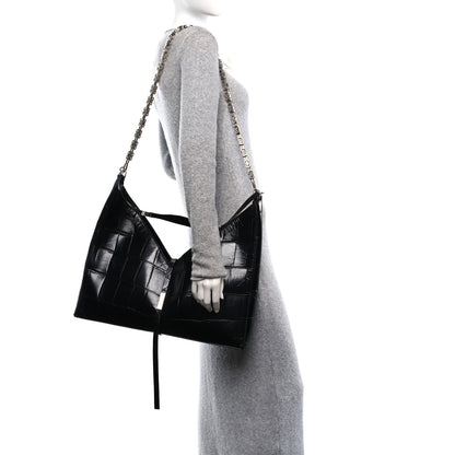 Givenchy Calfskin Crocodile Embossed Large Cut Out Shoulder Bag Black 2 of 13